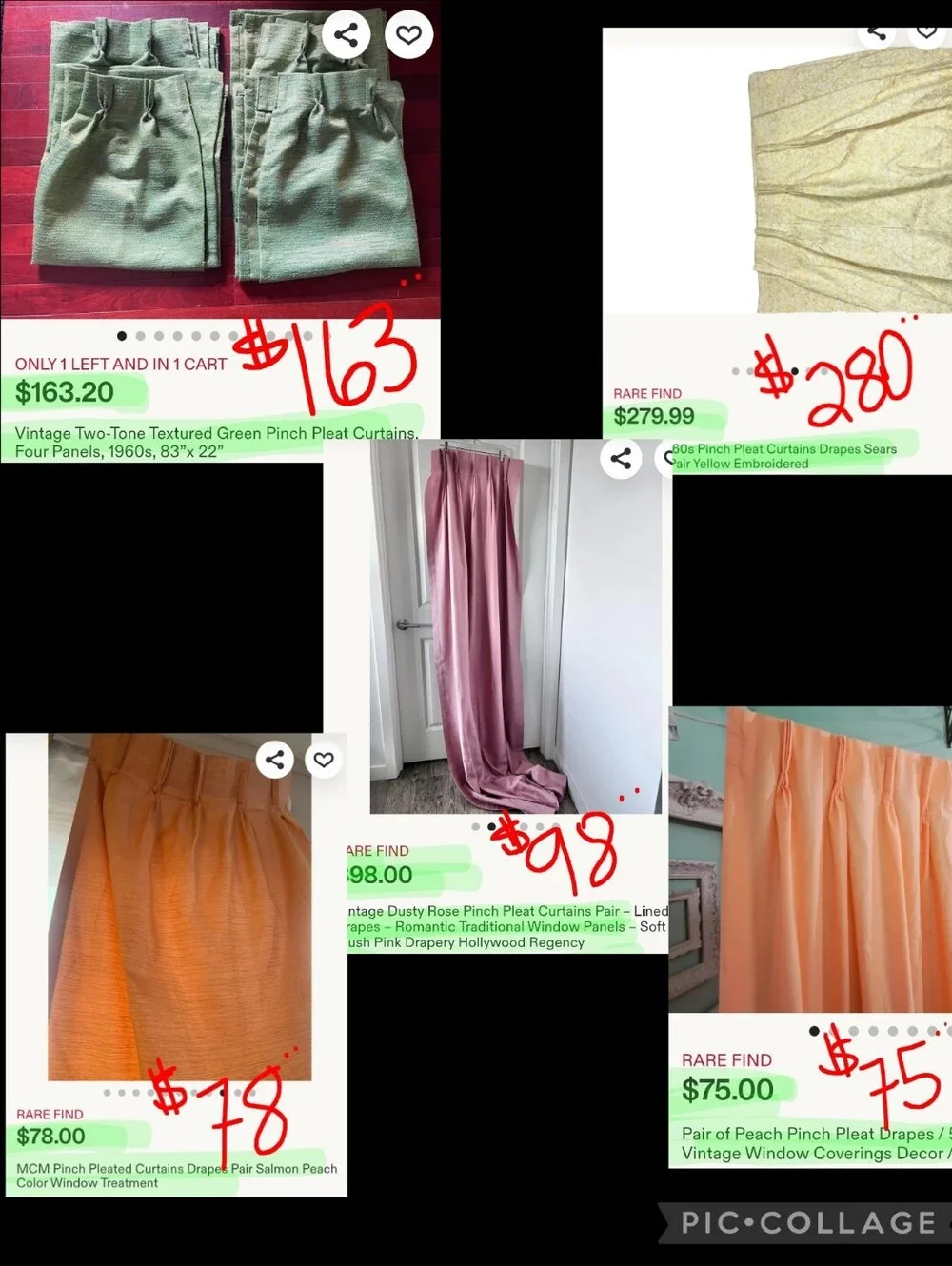 Mid Century Custom Triple Pinch Pleated Draperies - Light Pink - 2 Panels